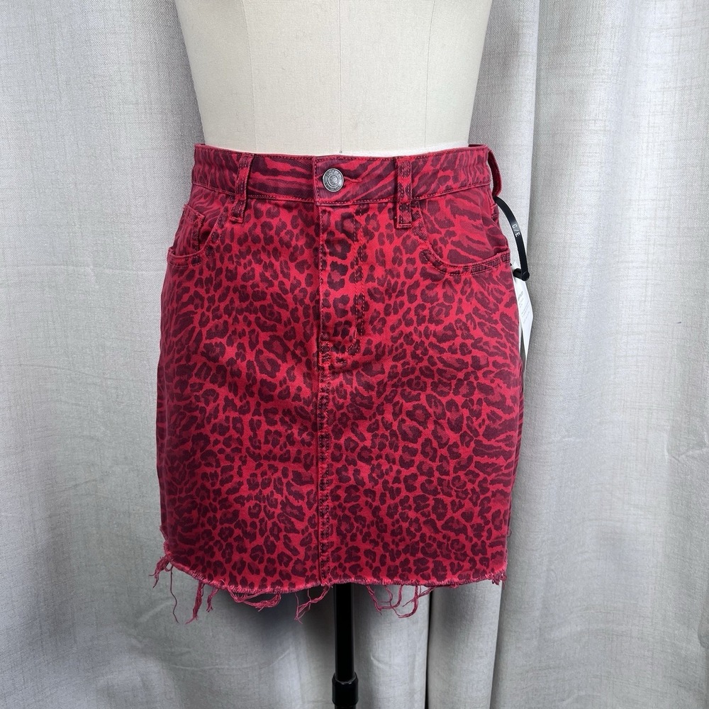 NEW! Current/Elliott 5 Pocket Denim Mini Skirt 31 Red Warped Spec Leopard Print